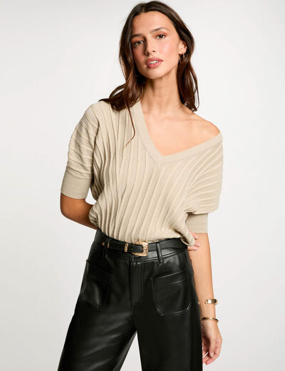 Pull manches 3/4 col en V sable femme