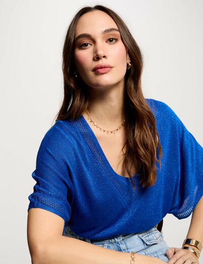 Kurzarm-Pullover mit V-Kragen elektrisch blau damen