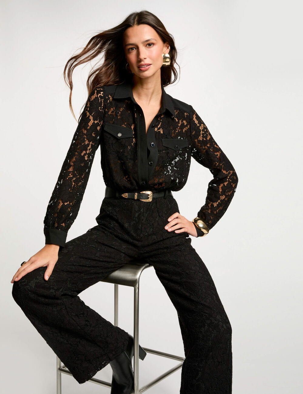 Langer Spitzen-Jumpsuit schwarz damen