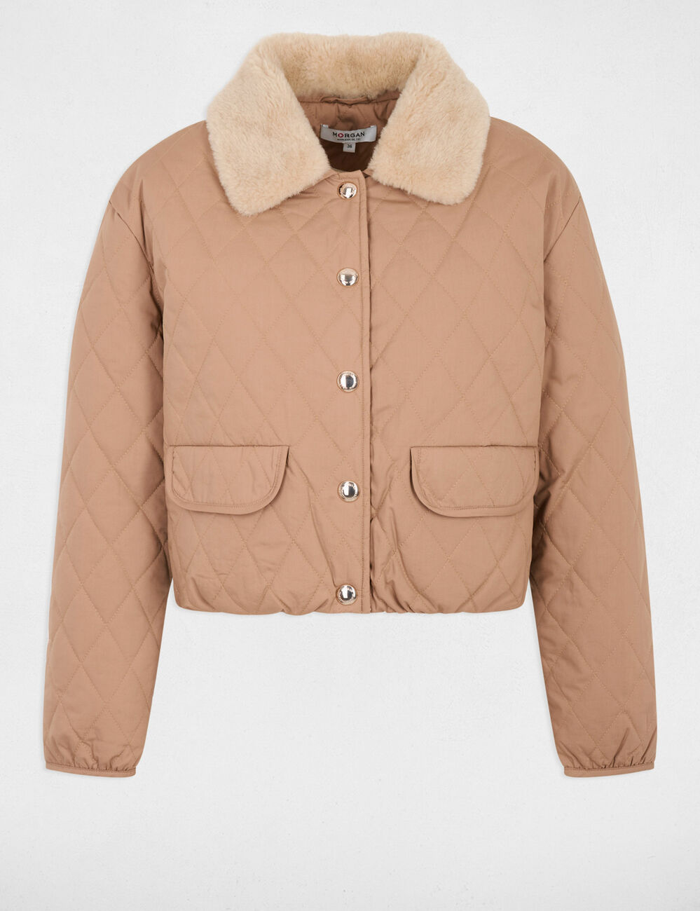 Veste courte matelass&eacute;e marron cognac femme