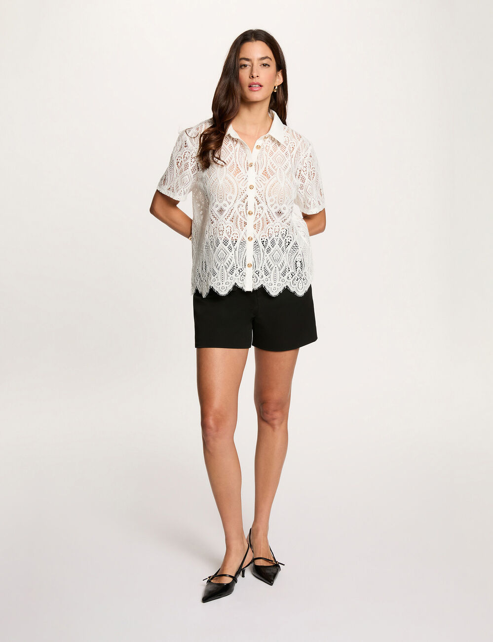 Chemise dentelle col &agrave; revers blanc femme