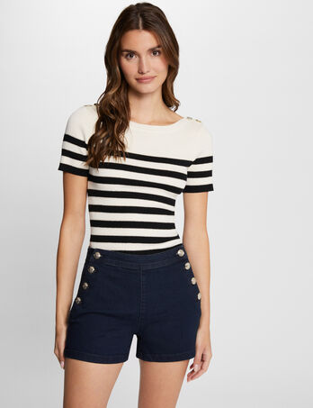 Pull col rond � rayures ivoire femme