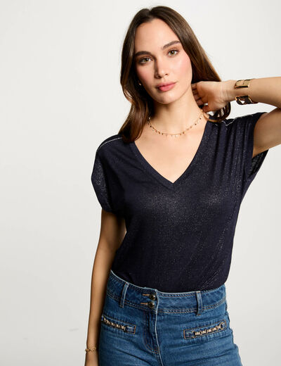 T-Shirt mit kurzen Ärmeln und Strass marineblau damen