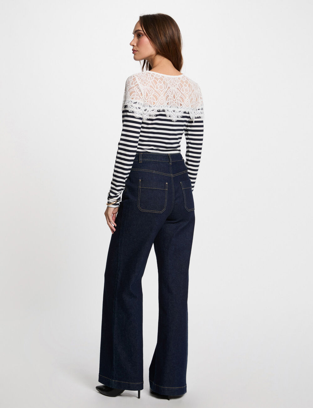 Gestreiftes Langarm-T-Shirt weiss damen