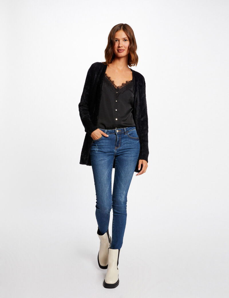 gilet long maille duveteuse noir femme Gilet long maille duveteuse noir femme