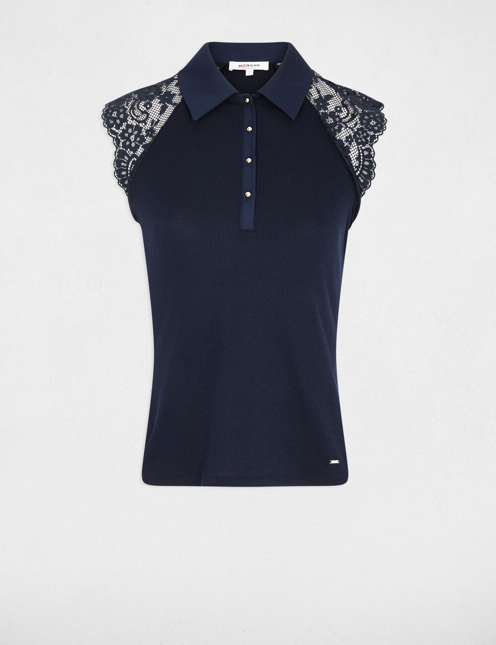 T-shirt dentelle col revers bleu marine femme