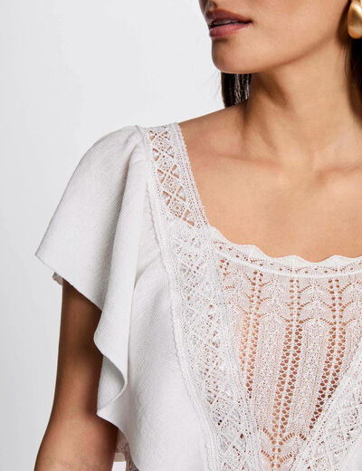 Kurzarm-Pullover mit Spitze elfenbein damen