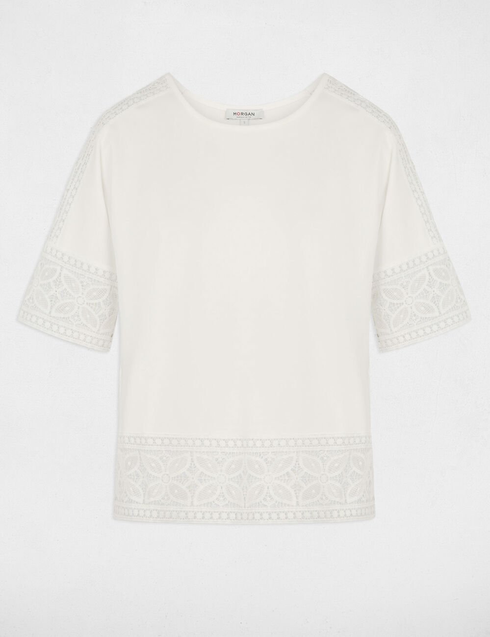 T-Shirt mit Rundhals und Spitze weiss damen