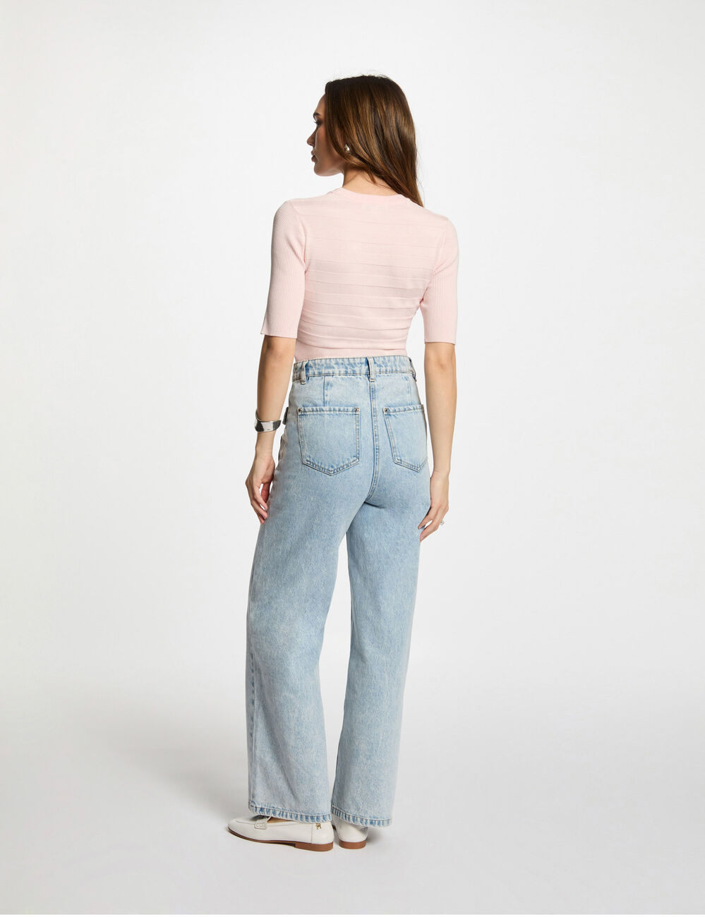 Pull col rond manches courtes rose clair femme