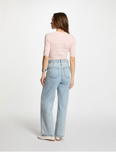 Pull col rond manches courtes rose clair femme
