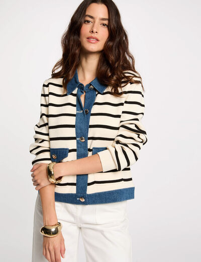 Gilet col à revers rayé ivoire femme