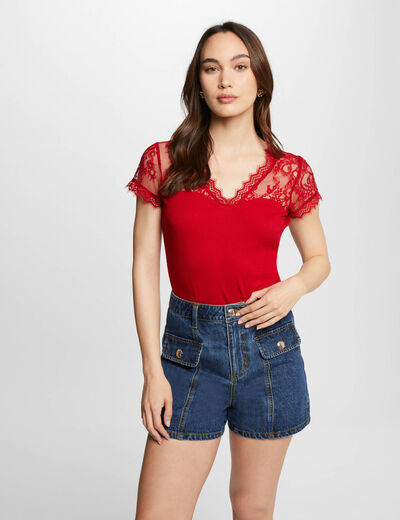 Kurzarmshirt mit Spitze rot damen