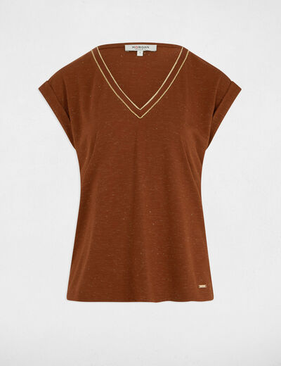 T-shirt manches courtes marron cognac femme