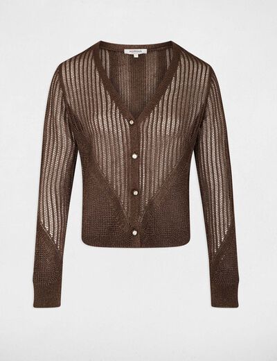 Gilet manches longues ajour&eacute; marron fonc&eacute; femme