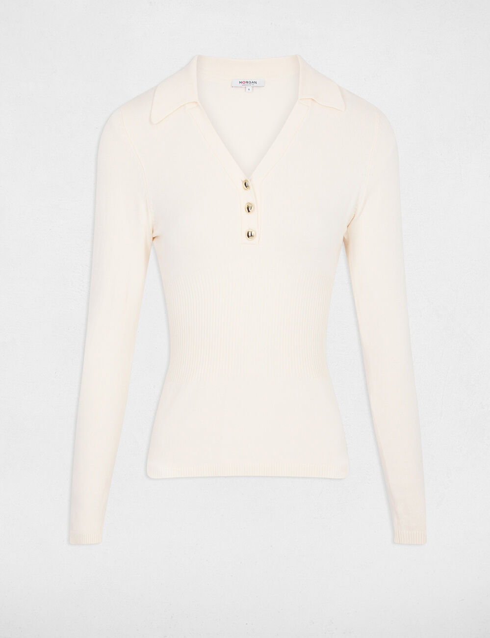 Pull ajust&eacute; col polo ivoire femme