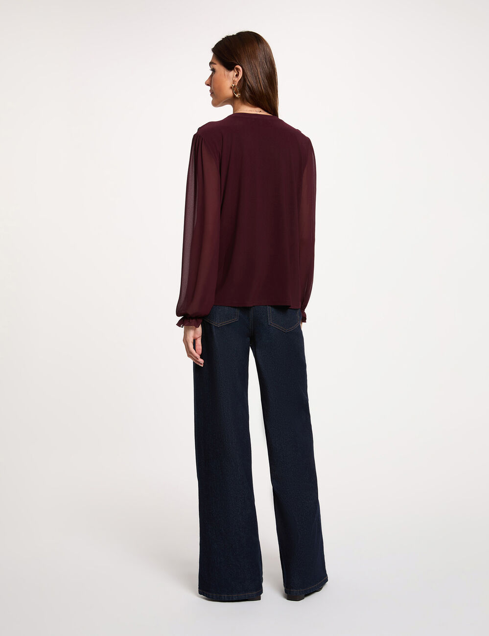 T-shirt voile col v prune femme