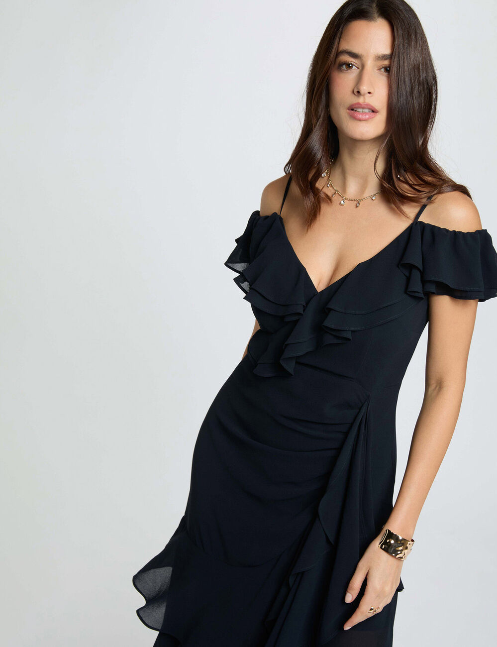 Robe midi droite volants bleu marine femme