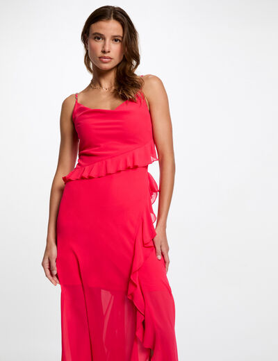 Robe midi ajustée volants rose fushia femme