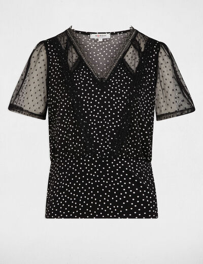 T-shirt manches courtes à pois noir femme