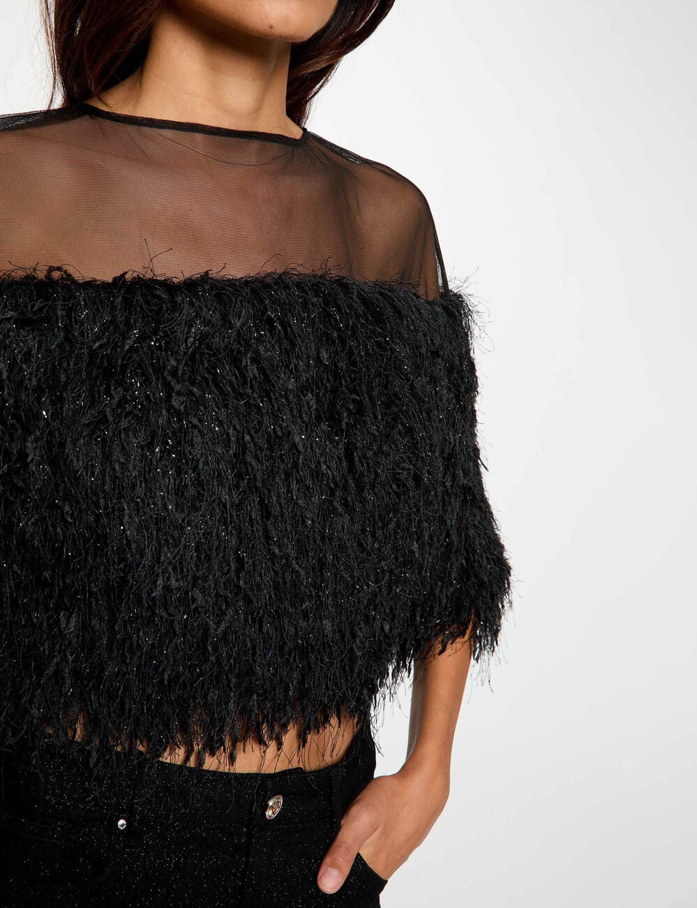 Blouse fausse fourrure noir femme