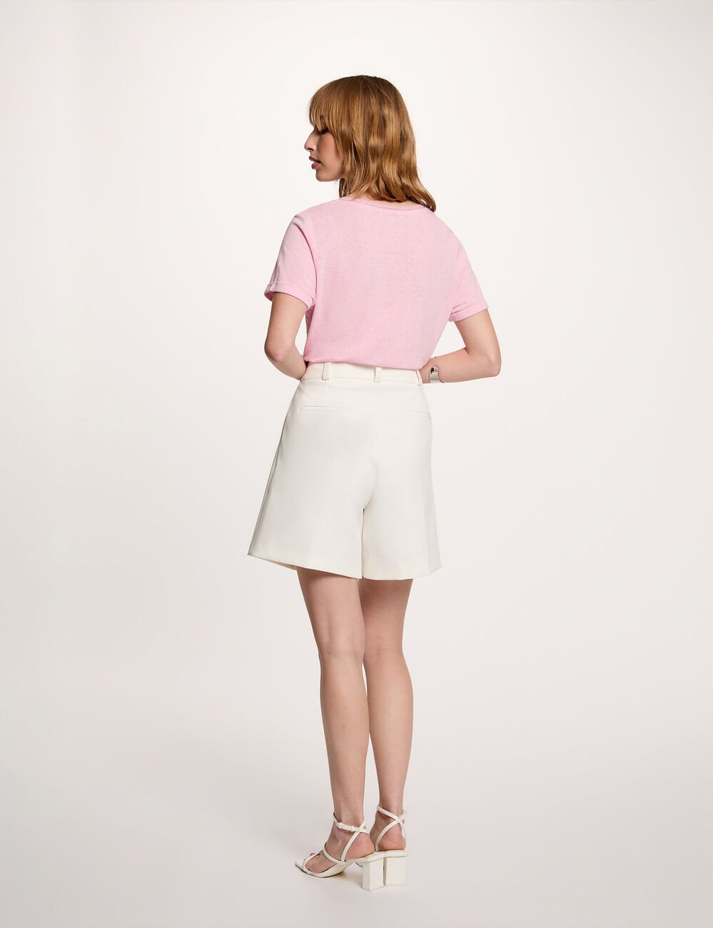 T-shirt col v perl&eacute; rose femme