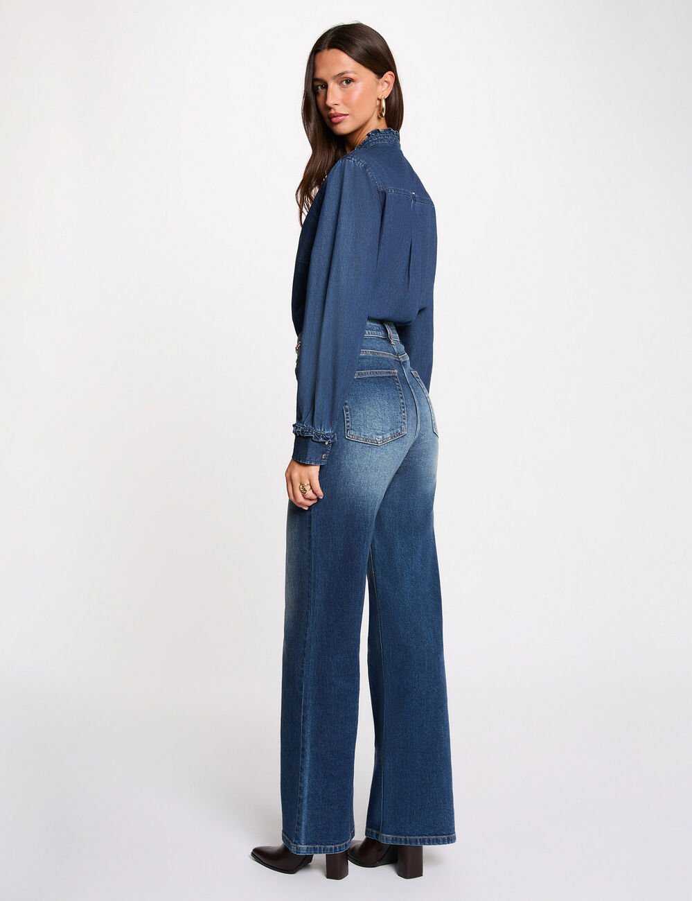 Weit geschnittene hochgeschnittene Hose stone denim damen