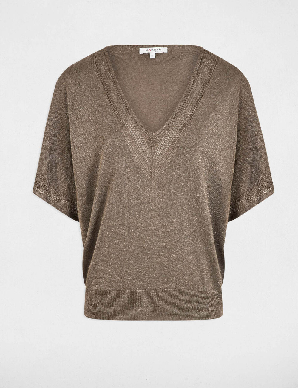 Pull col en V manches courtes vert kaki femme