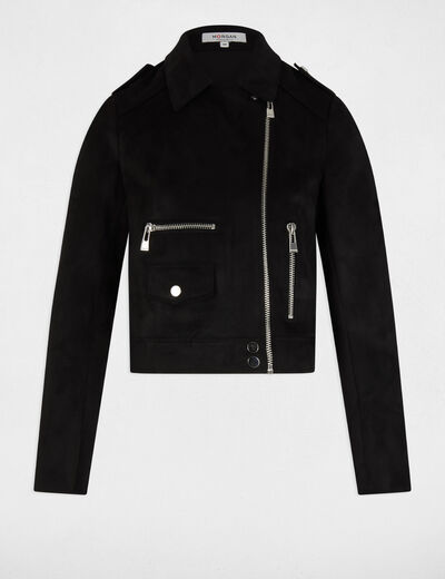 Blouson court zippé suédine noir femme