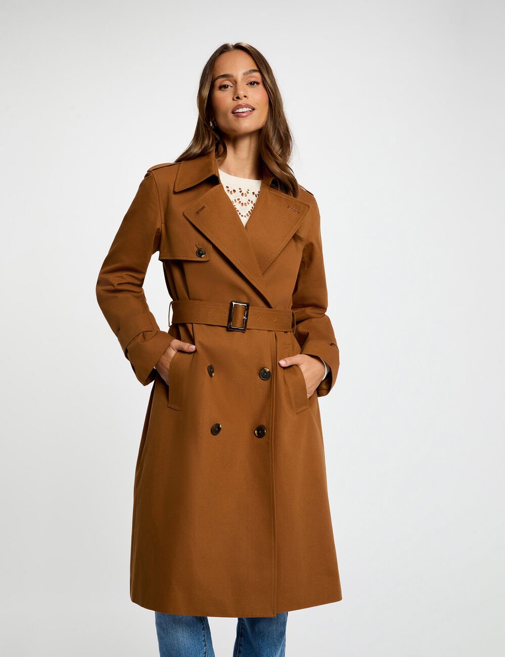 Trench long col tailleur marron cognac femme