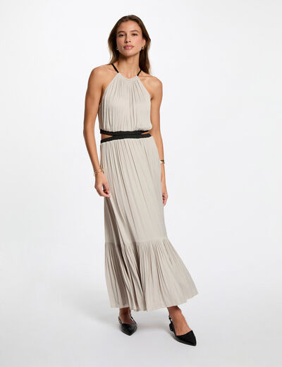 Robe longue droite satin beige femme