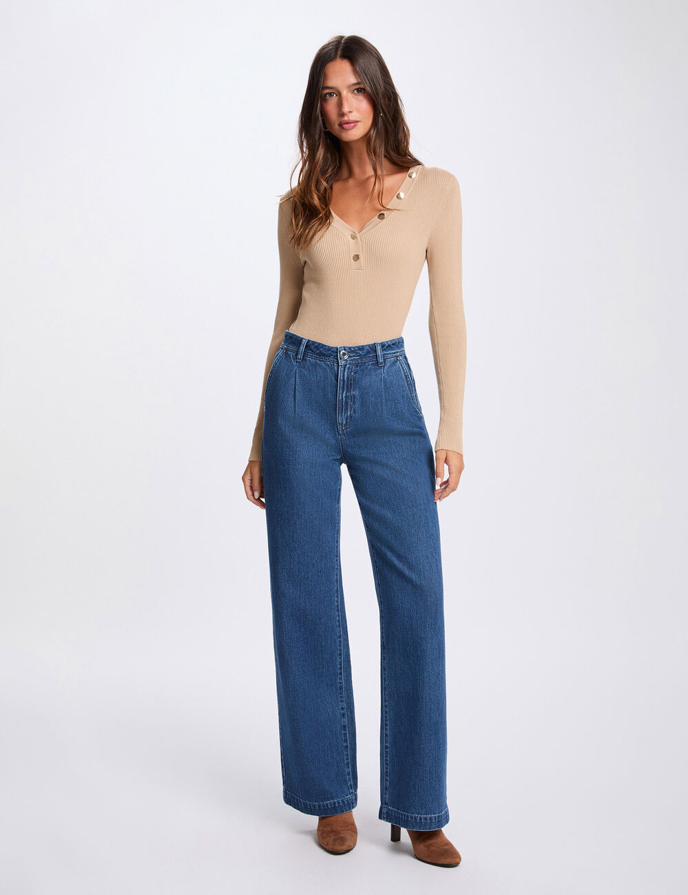 V-Ausschnitt Pullover, figurbetont marron clair damen