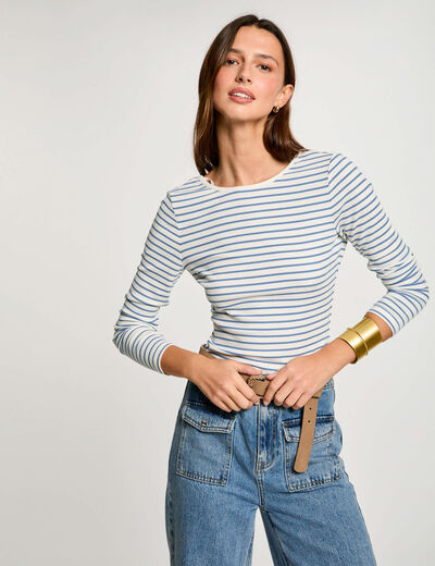 Gestreiftes Langarm-T-Shirt weiss damen
