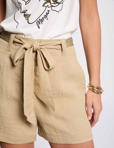 Short taille haute fluide beige femme