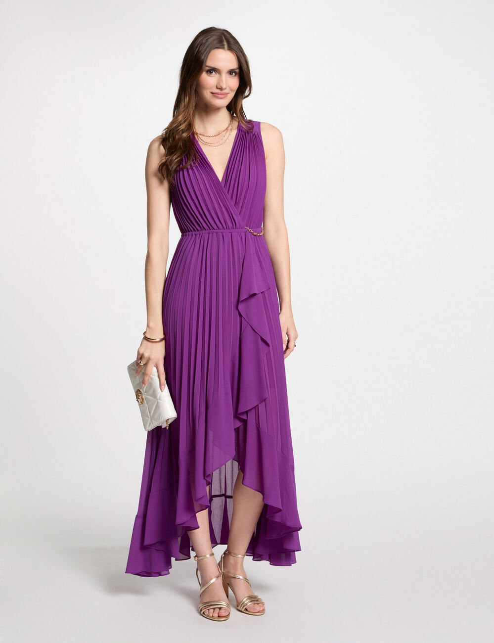 Langes, fließendes Plisseekleid violett damen