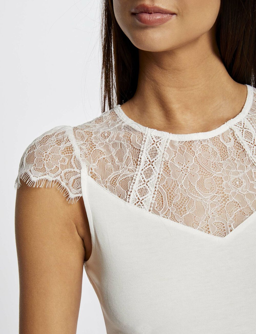 T-shirt manches courtes à dentelle ivoire femme