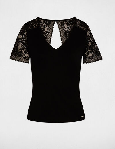 T-Shirt mit Spitzen und V-Ausschnitt schwarz damen