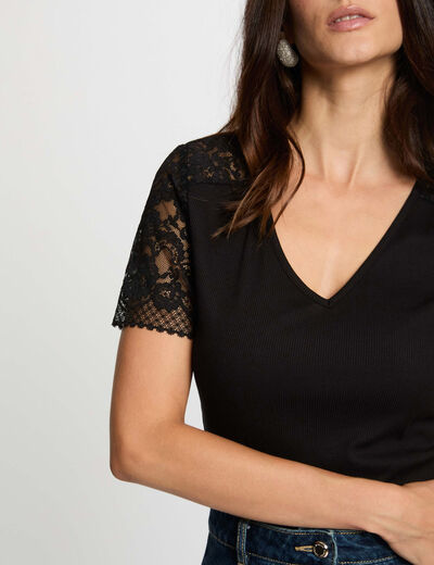 T-Shirt mit Spitzen und V-Ausschnitt schwarz damen
