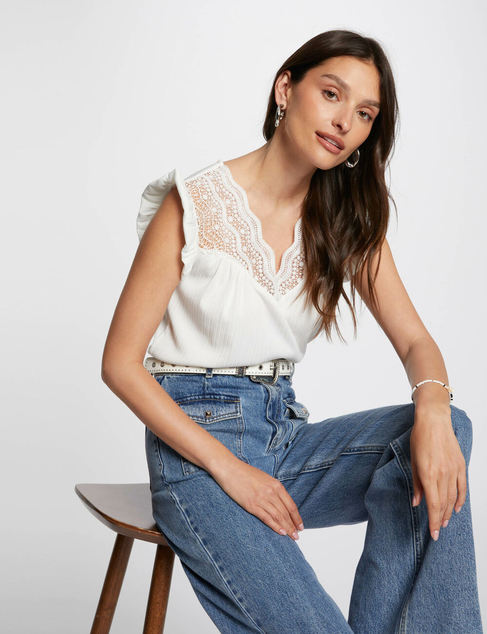 Plissee-Top mit Spitze elfenbein damen