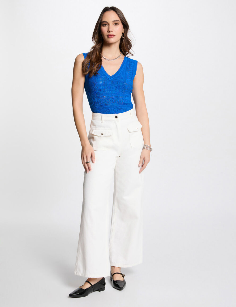 Pull sans manches ajouré bleu electrique femme