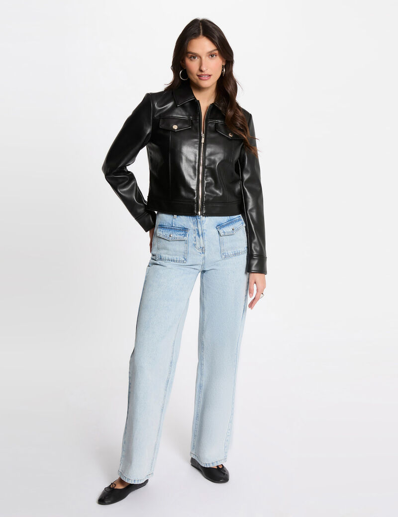 Blouson court simili cuir noir femme