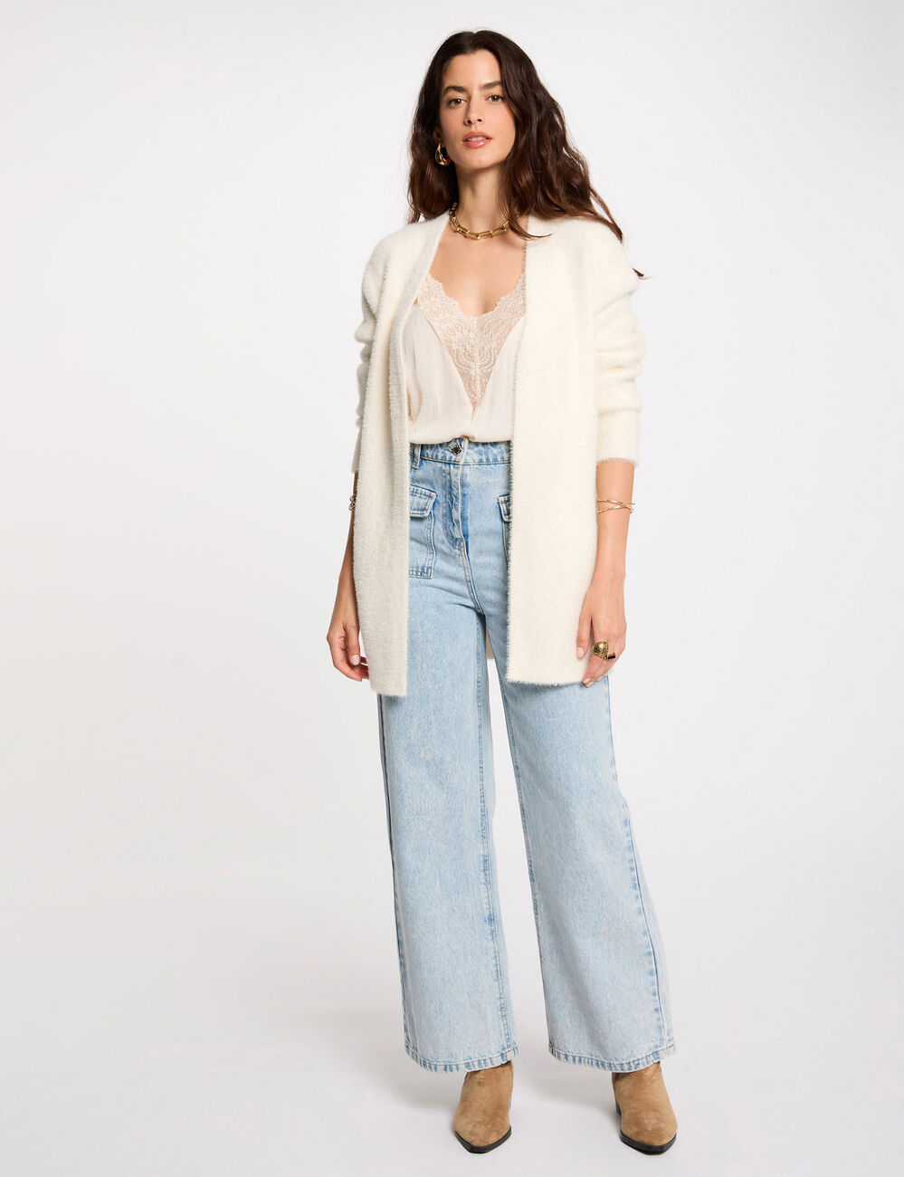 Gilet long maille duveteuse ivoire femme