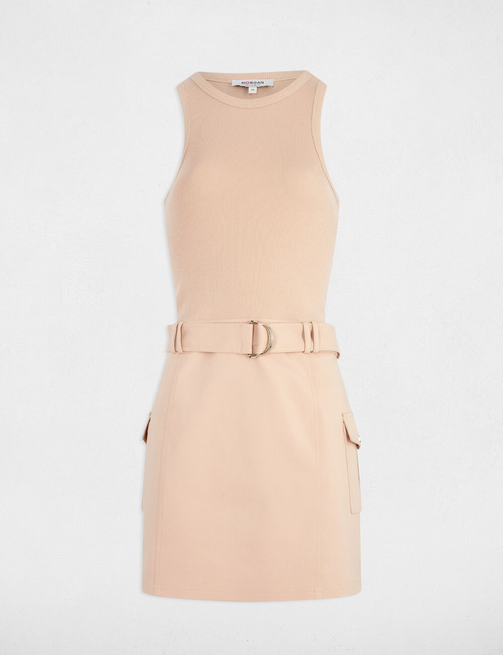 Kurzes, figurbetontes Kleid mit Gürtel beige damen