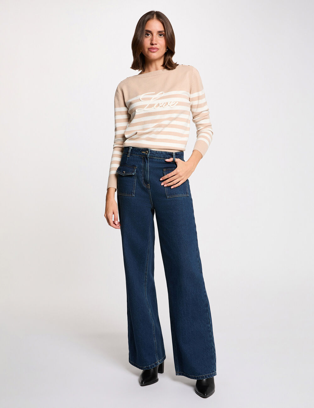 Gestreifter bestickter Pullover marron clair damen