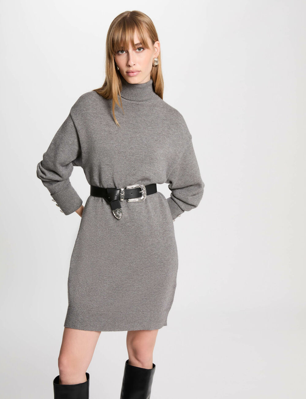 Kurzes, gerades Strickkleid gris clair damen