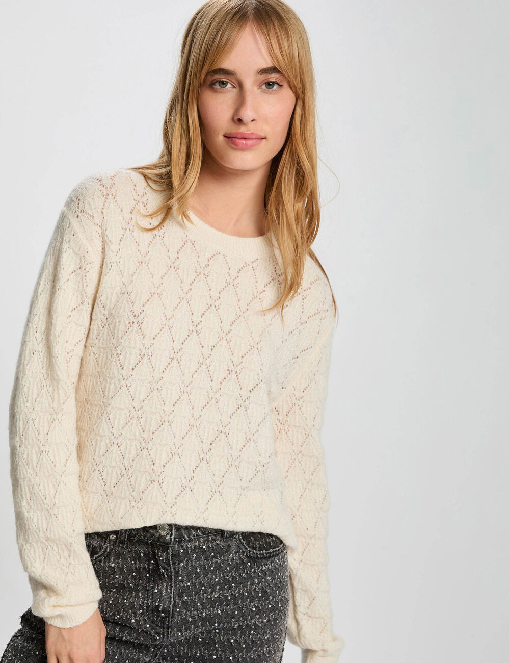 Pullover mit Rundhals und Muster elfenbein damen