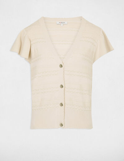 Gilet manches courtes ajouré beige clair femme