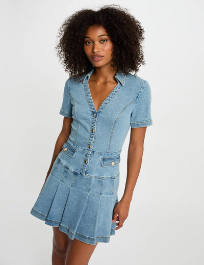Robe courte trapèze en jean denim stone femme