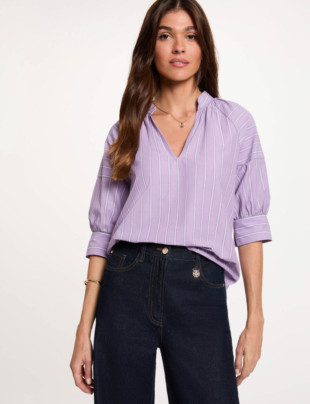 Gestreifte Bluse mit V-Ausschnitt mehrfarbig damen
