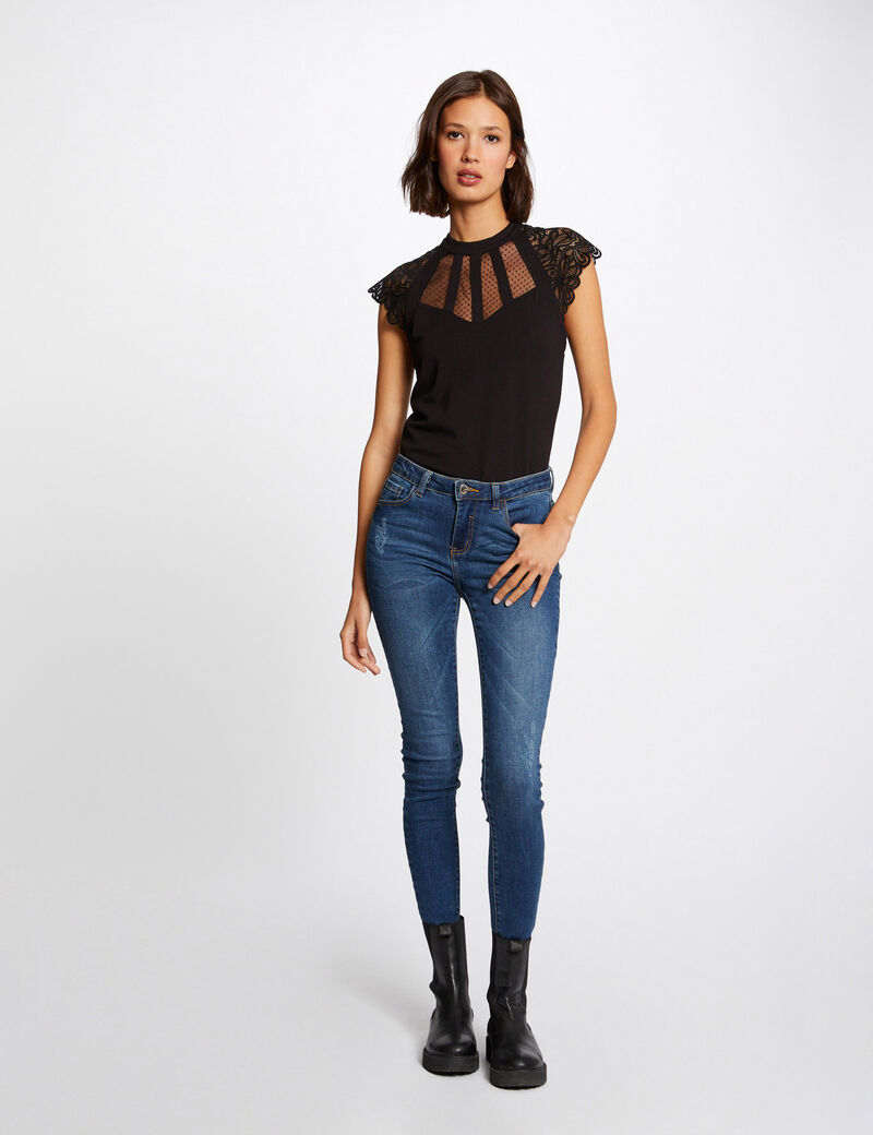 Kurzarm-T-Shirt mit Spitze schwarz damen