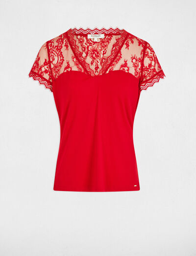 Kurzarmshirt mit Spitze rot damen